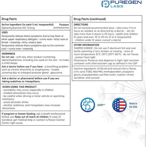 Allergy Relief Oral Solution, Diphenhydramine HCl 12.5mg/5 mL, Antihistamine