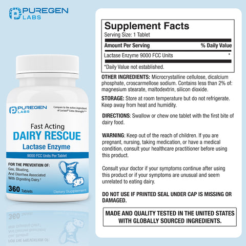 Dairy Relief Fast Acting Lactase Enzyme 9000 FCC, Lactose Intolerance